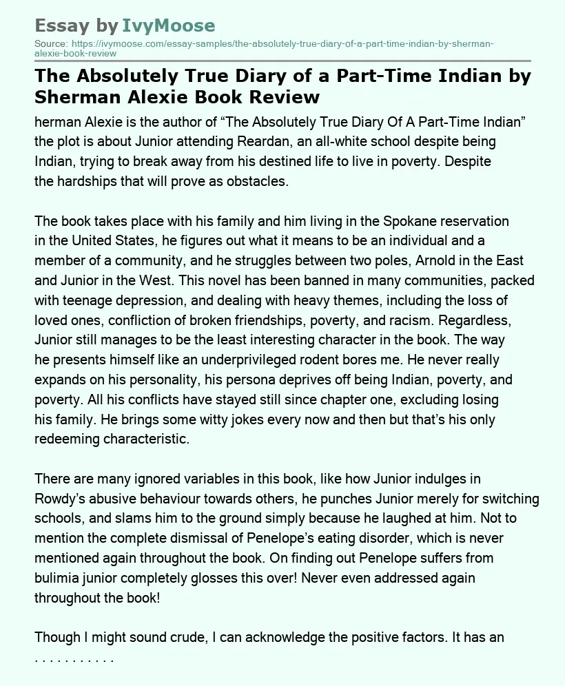 The Absolutely True Diary of a Part-Time Indian by Sherman Alexie Book Review