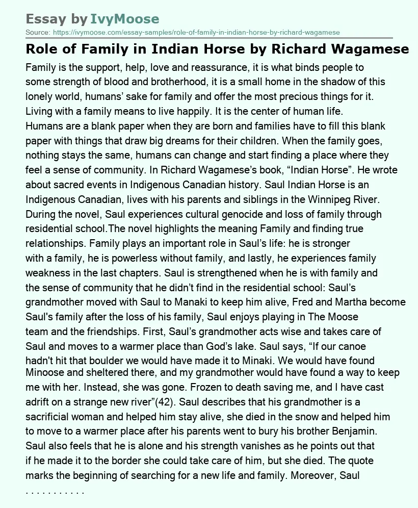 Role of Family in Indian Horse by Richard Wagamese