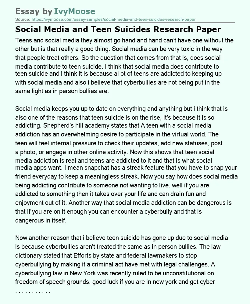 Social Media and Teen Suicides Research Paper