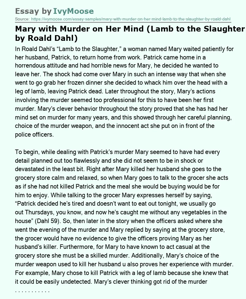 Mary with Murder on Her Mind (Lamb to the Slaughter by Roald Dahl)
