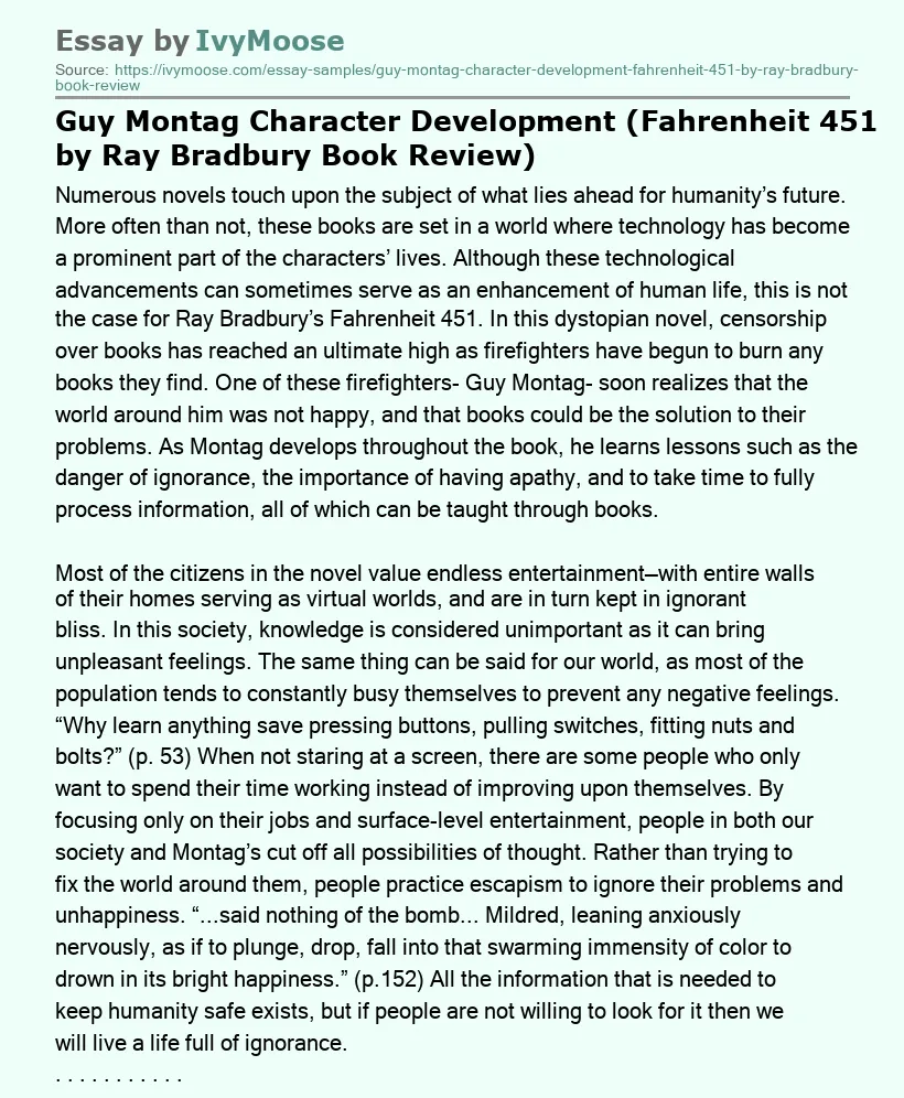 Guy Montag Character Development (Fahrenheit 451 by Ray Bradbury Book Review)