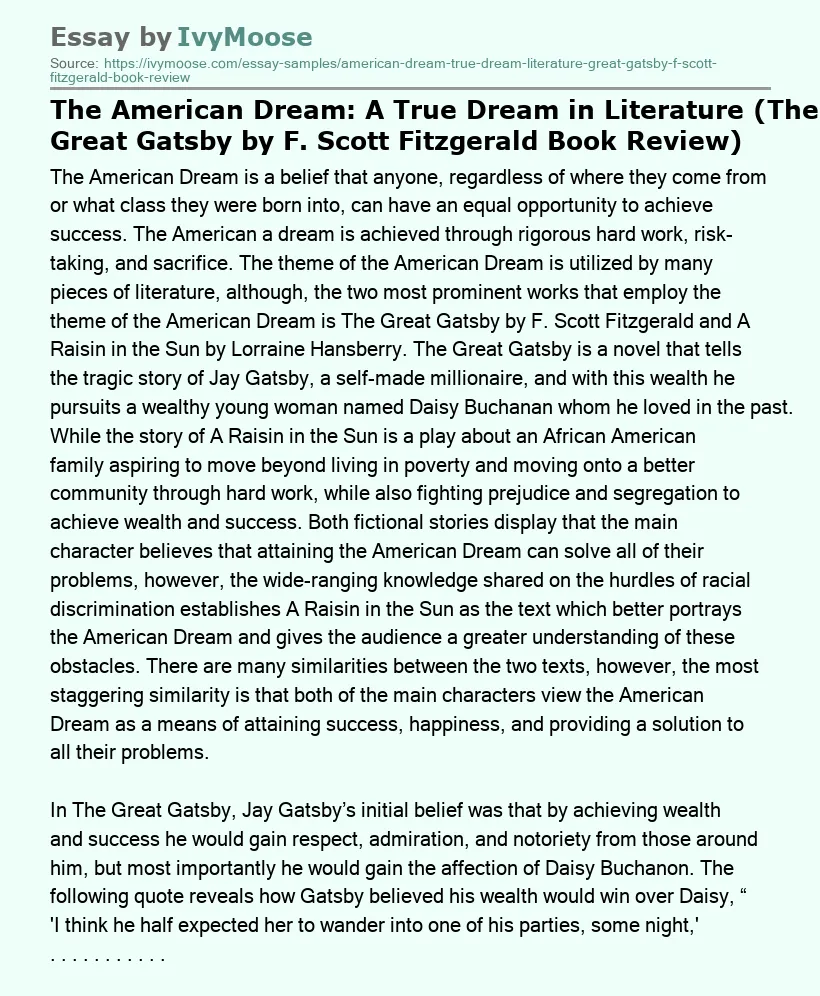 The American Dream: A True Dream in Literature (The Great Gatsby by F. Scott Fitzgerald Book Review)