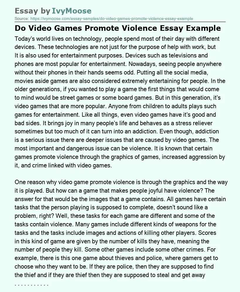 Do Video Games Promote Violence Essay Example
