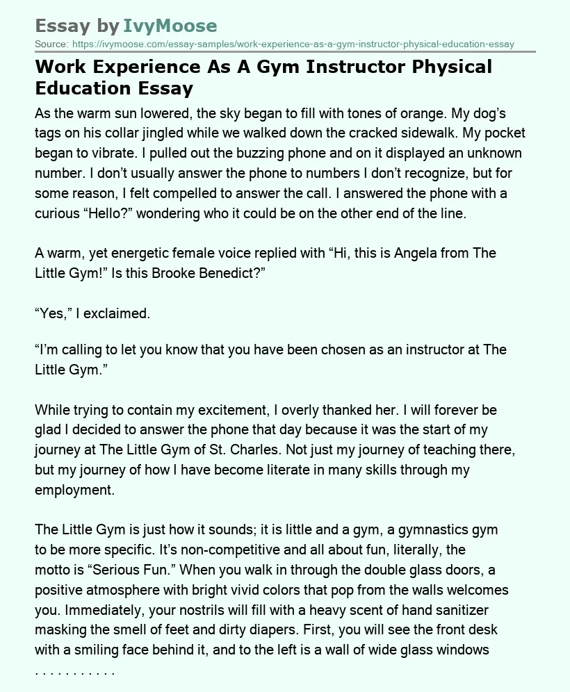 Work Experience As A Gym Instructor Physical Education Essay