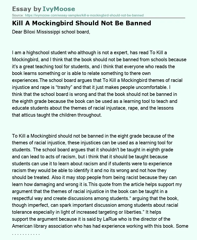 Kill A Mockingbird Should Not Be Banned