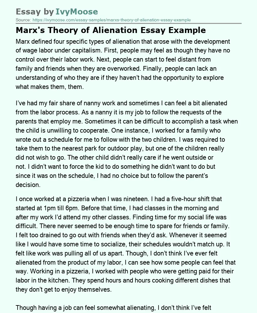 Marx's Theory of Alienation Essay Example