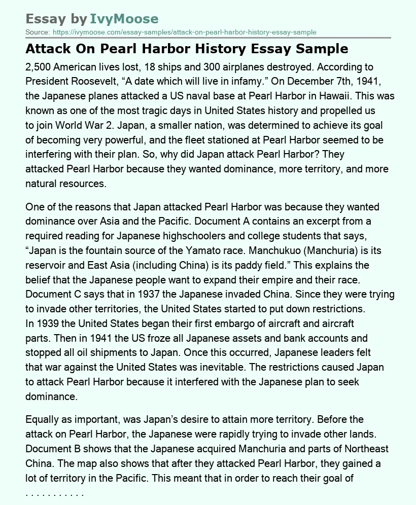 Attack On Pearl Harbor History Essay Sample
