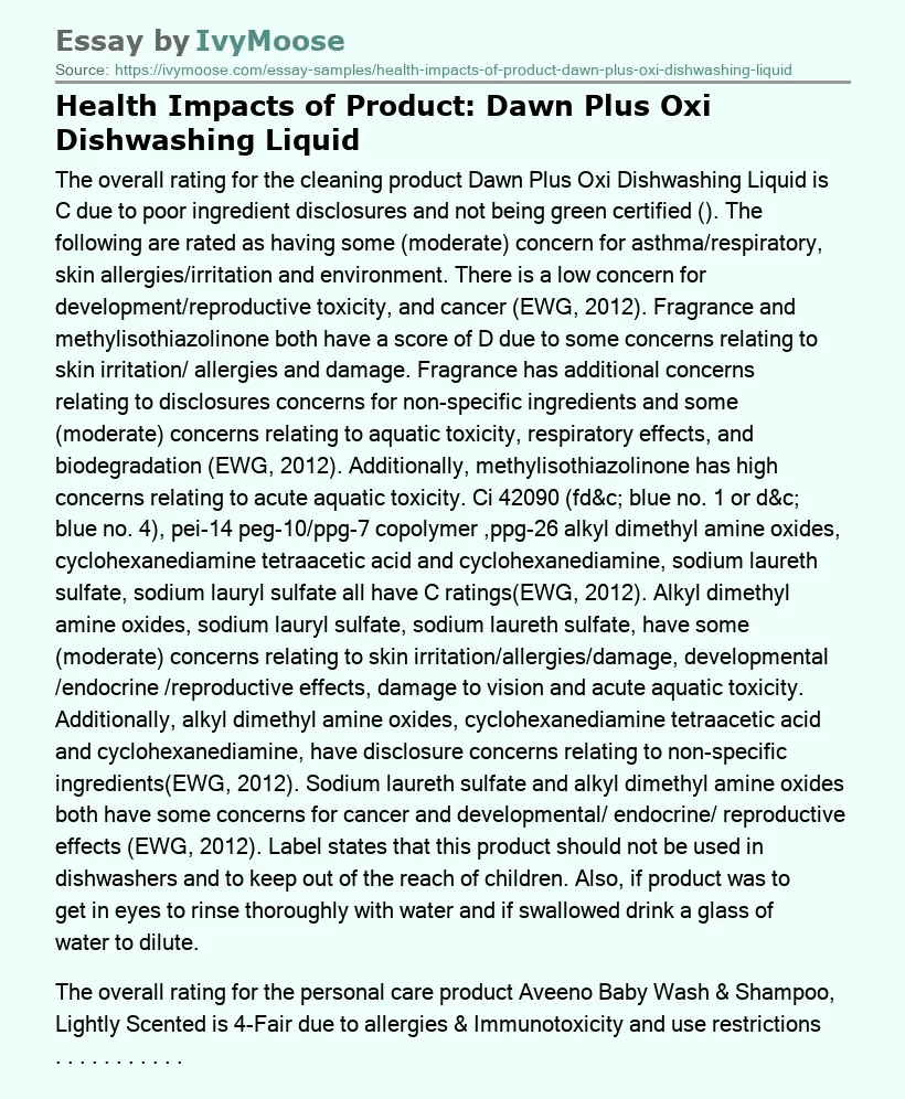 Health Impacts of Product: Dawn Plus Oxi Dishwashing Liquid