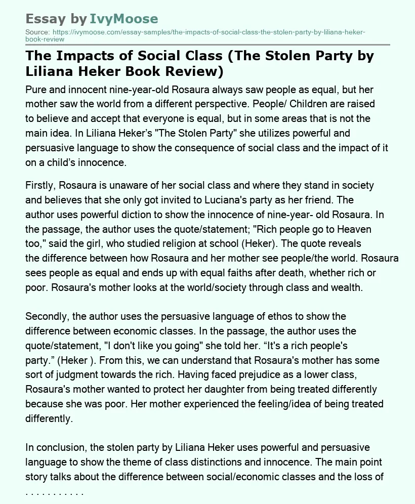 The Impacts of Social Class (The Stolen Party by Liliana Heker Book Review)