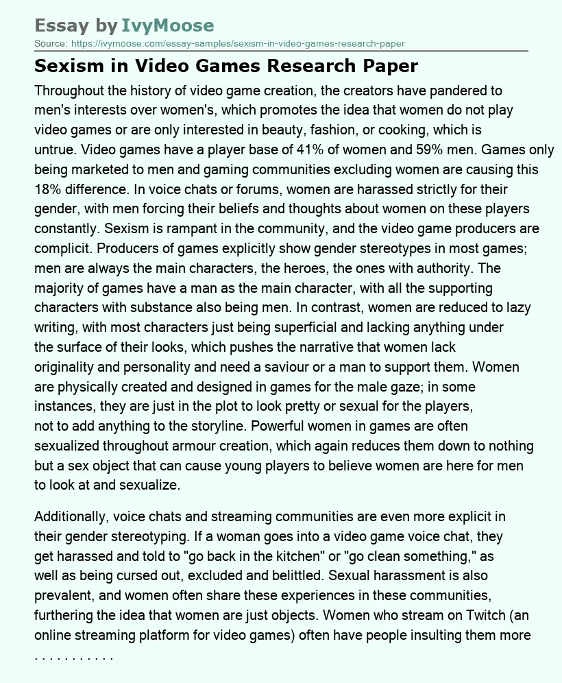 Sexism in Video Games Research Paper