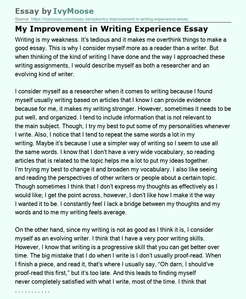 My Improvement in Writing Experience Essay