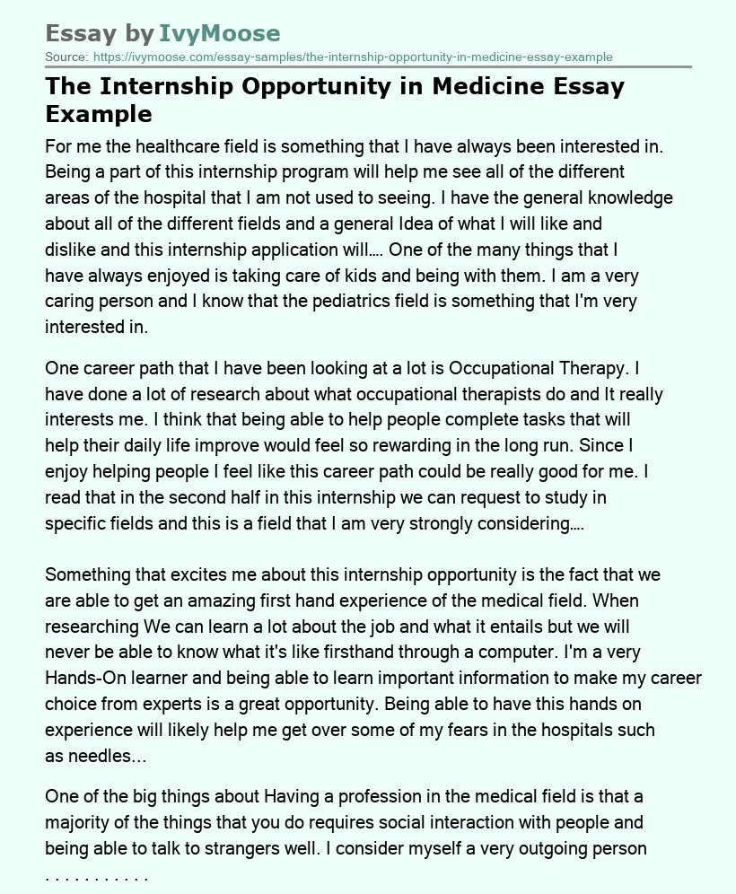 The Internship Opportunity in Medicine Essay Example
