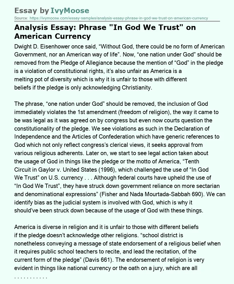Analysis Essay: Phrase "In God We Trust" on American Currency
