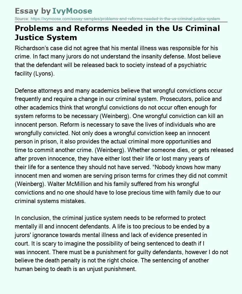 Problems and Reforms Needed in the Us Criminal Justice System