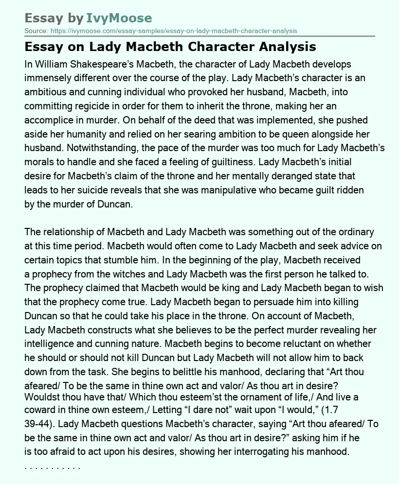 Essay on Lady Macbeth Character Analysis
