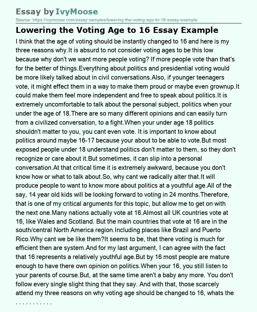 Lowering the Voting Age to 16 Essay Example