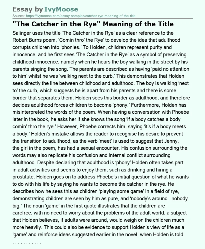 "The Catcher in the Rye" Meaning of the Title