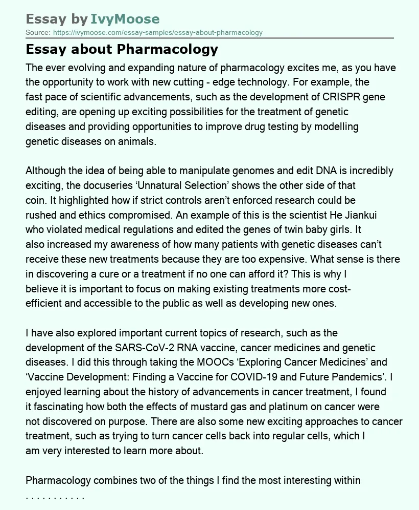 Essay about Pharmacology