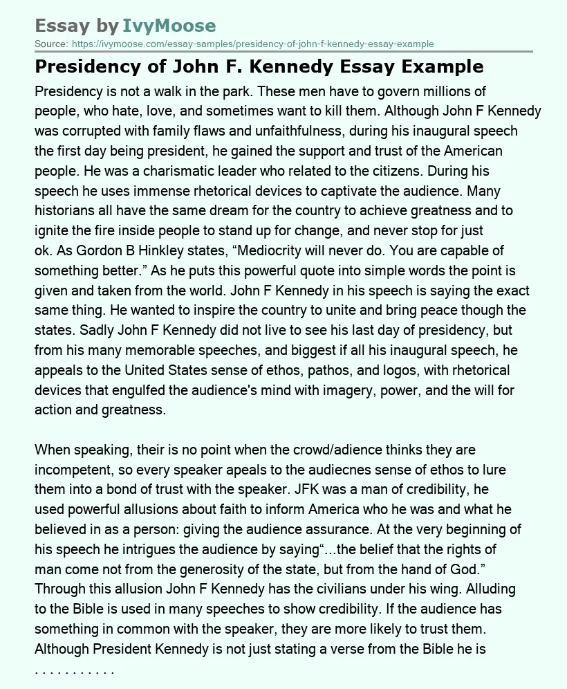 Presidency of John F. Kennedy Essay Example