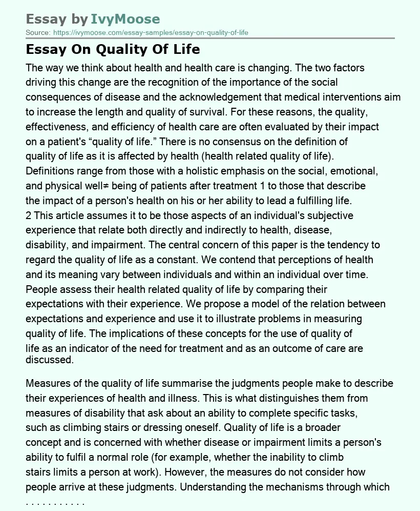 Essay On Quality Of Life