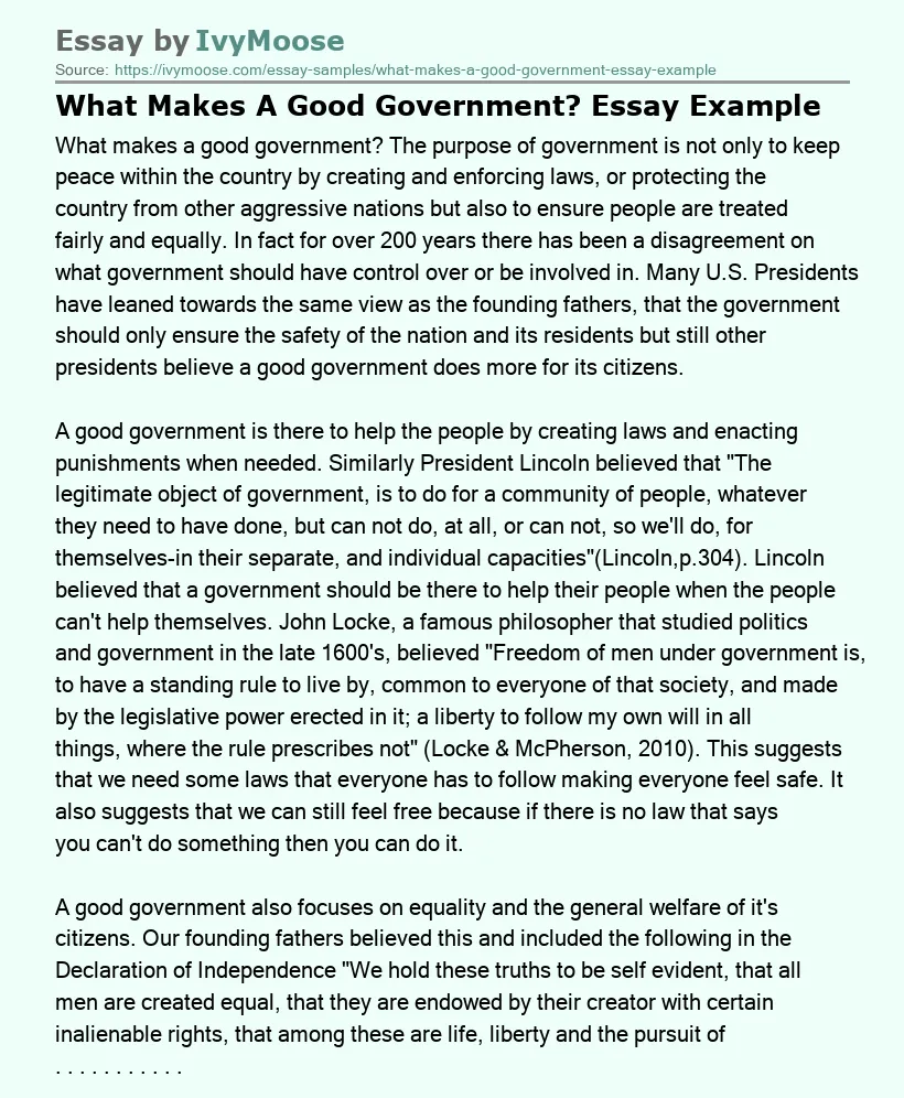 What Makes A Good Government? Essay Example