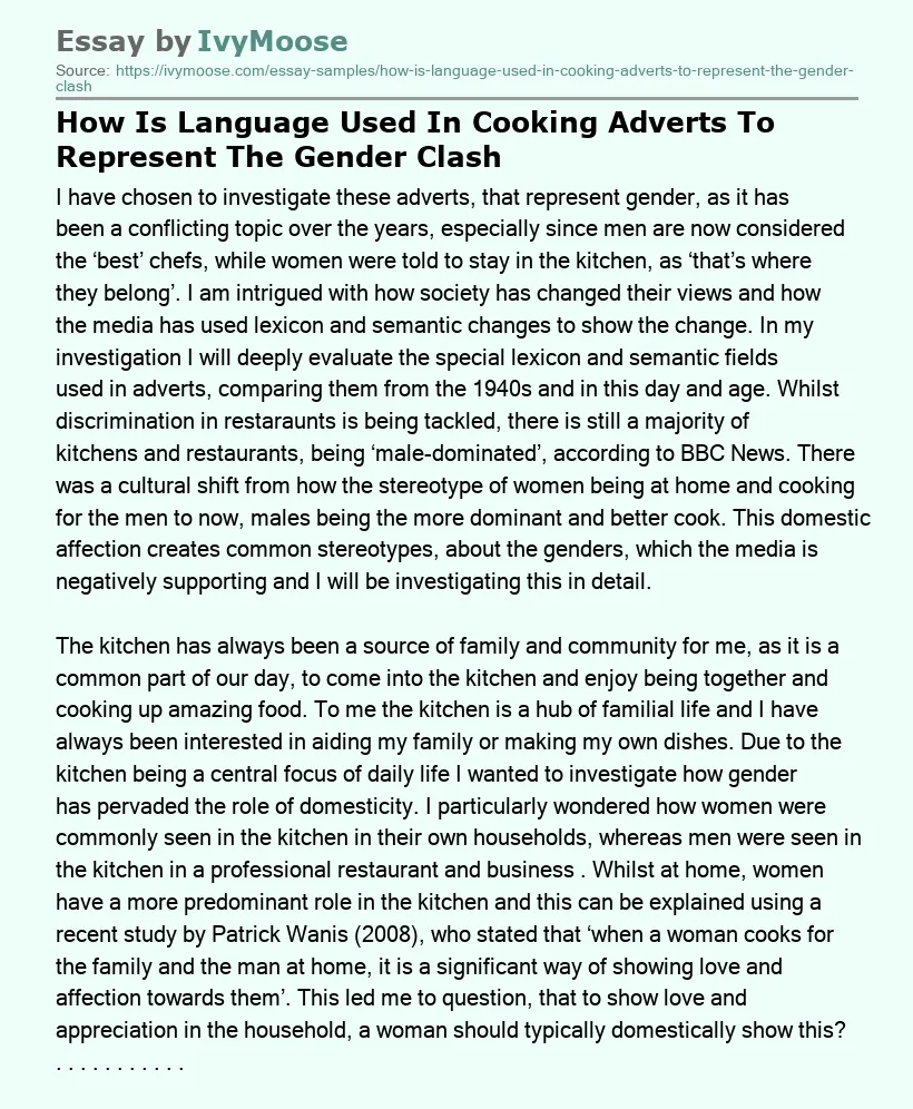 How Is Language Used In Cooking Adverts To Represent The Gender Clash