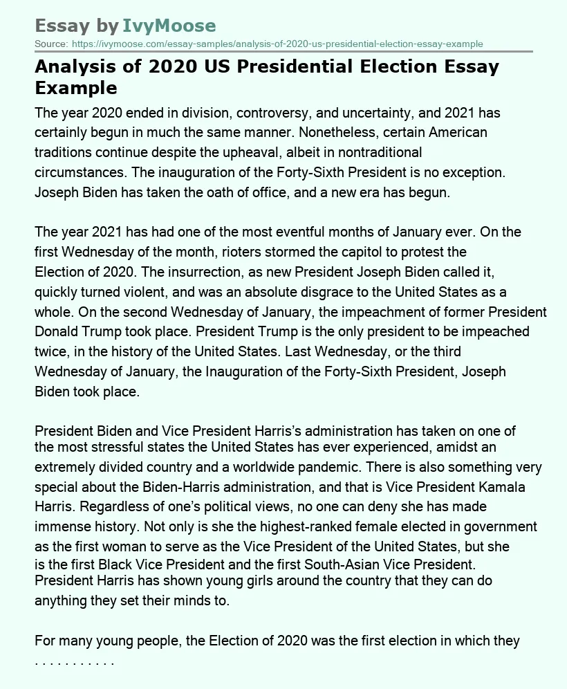 Analysis of 2020 US Presidential Election Essay Example