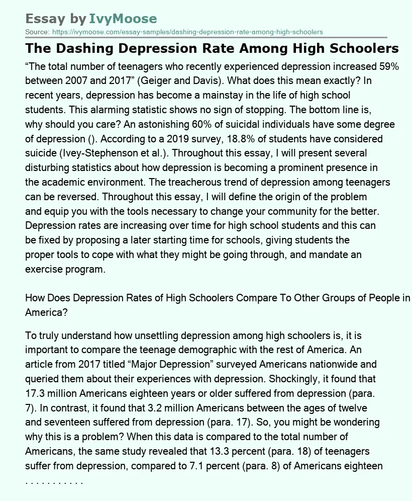 The Dashing Depression Rate Among High Schoolers