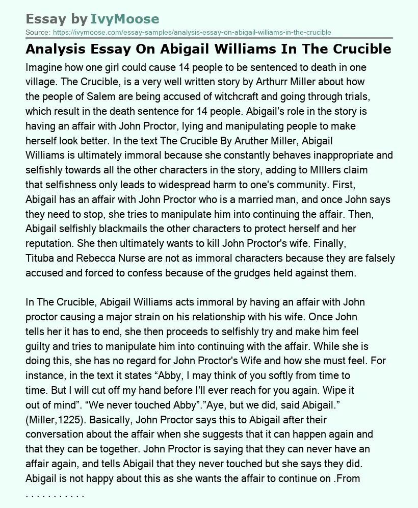 Analysis Essay On Abigail Williams In The Crucible