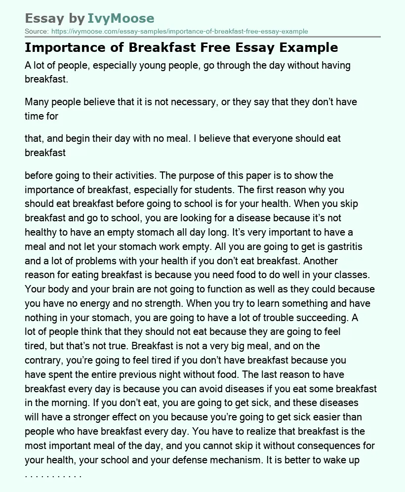 Importance of Breakfast Free Essay Example