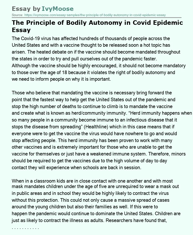 The Principle of Bodily Autonomy in Covid Epidemic Essay