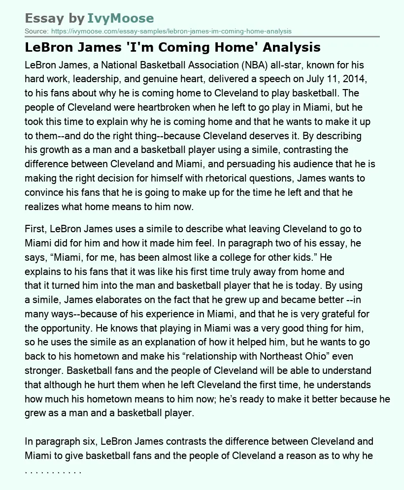 LeBron James 'I'm Coming Home' Analysis