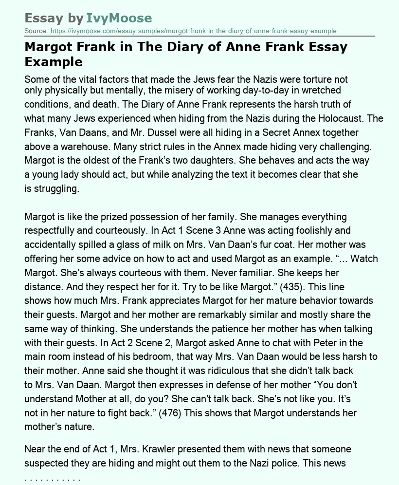Margot Frank in The Diary of Anne Frank Essay Example