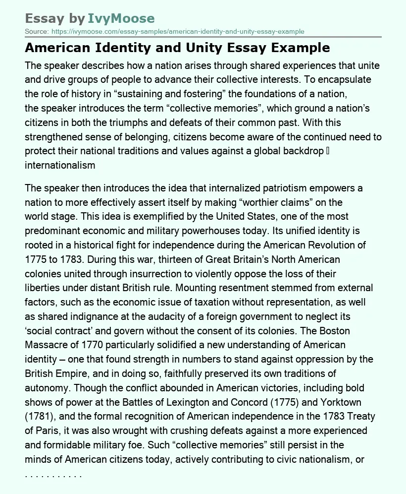 American Identity and Unity Essay Example