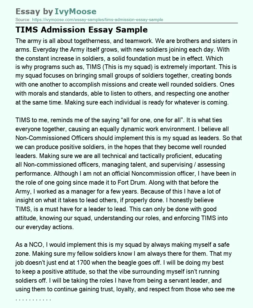 TIMS Admission Essay Sample