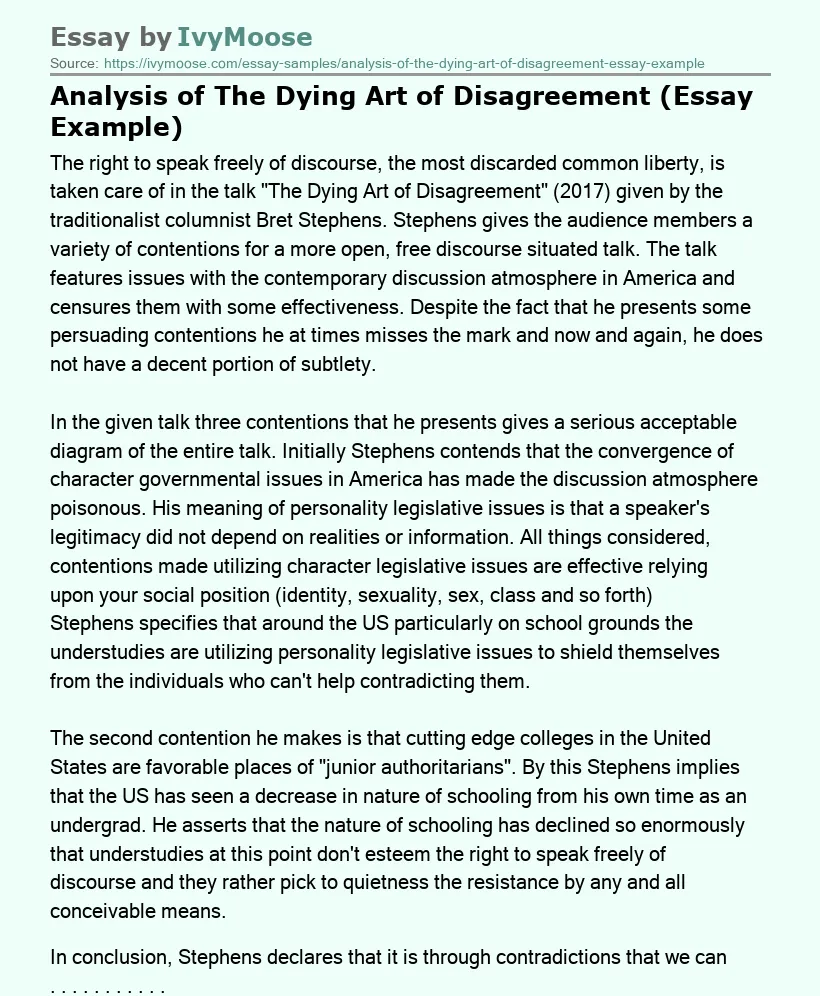 Analysis of The Dying Art of Disagreement (Essay Example)