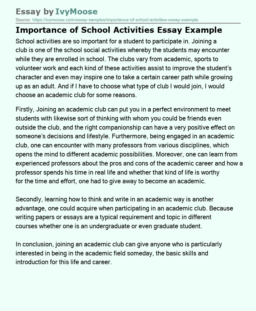 Importance of School Activities Essay Example