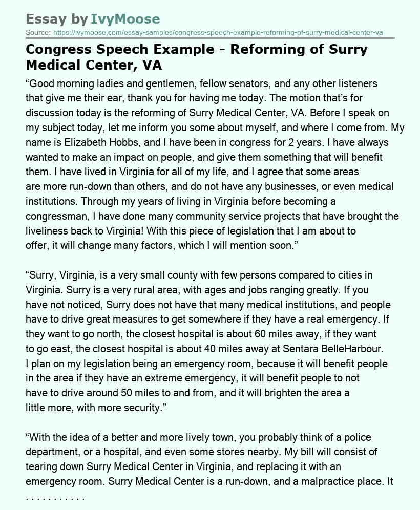 Congress Speech Example - Reforming of Surry Medical Center, VA