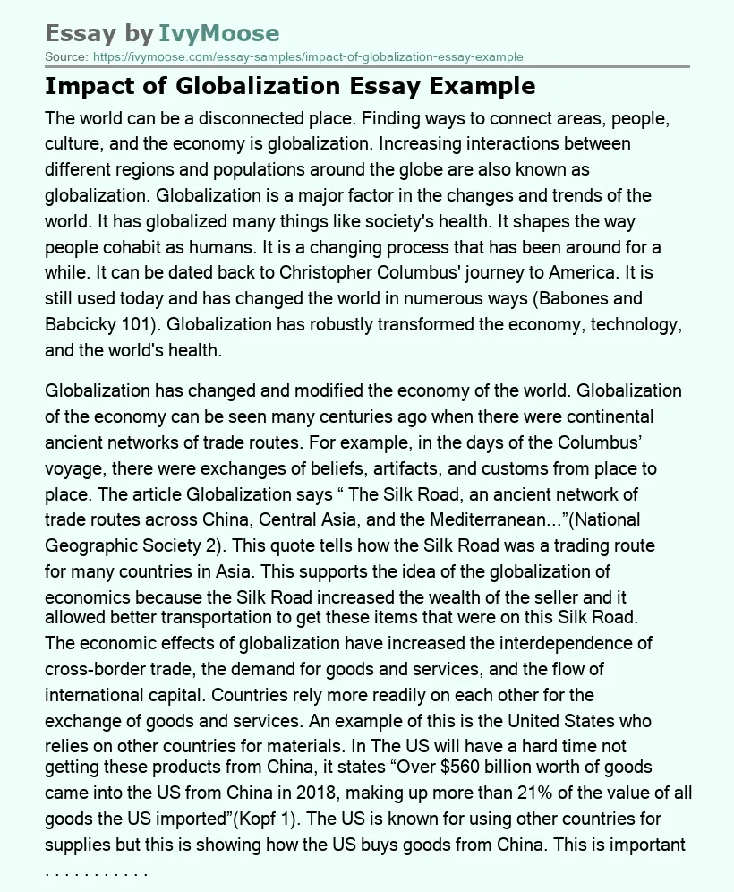 Impact of Globalization Essay Example