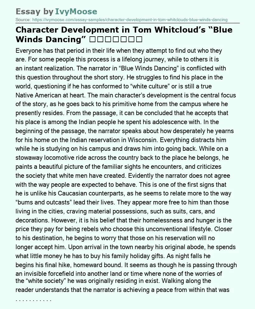 Character Development in Tom Whitcloud’s “Blue Winds Dancing” ​​​​​​​