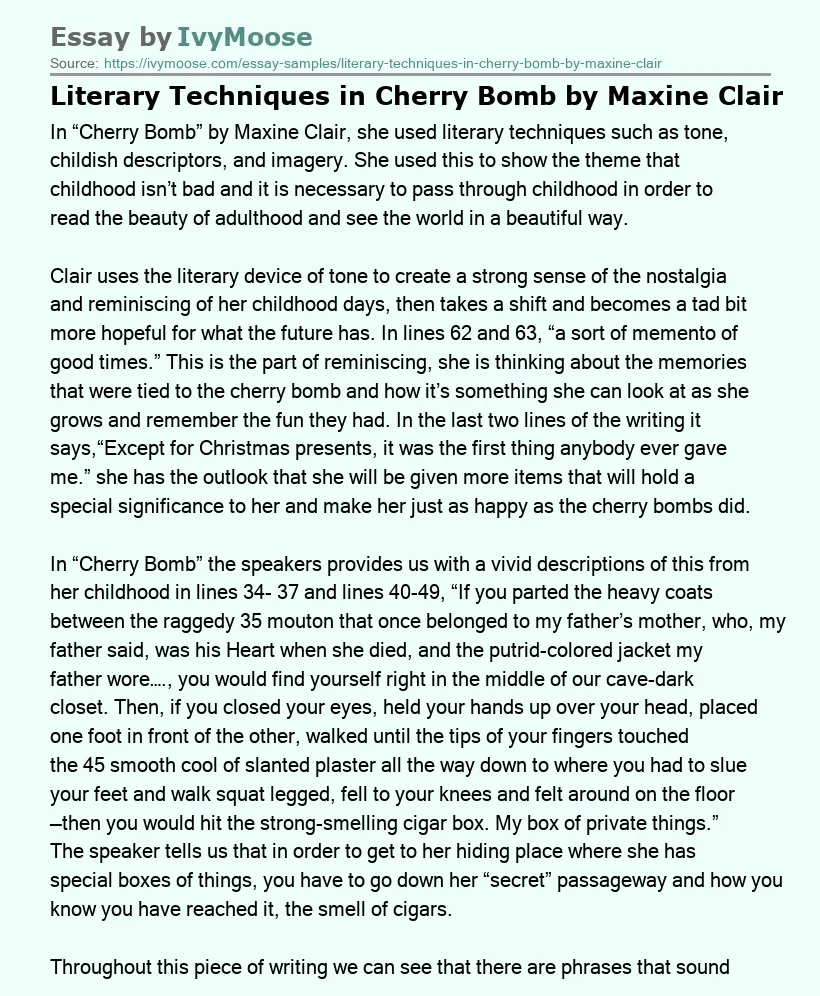 Literary Techniques in Cherry Bomb by Maxine Clair