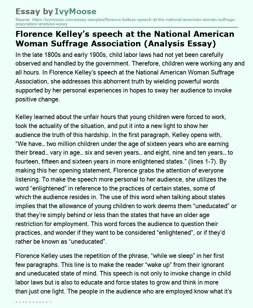 Florence Kelley’s speech at the National American Woman Suffrage Association (Analysis Essay)