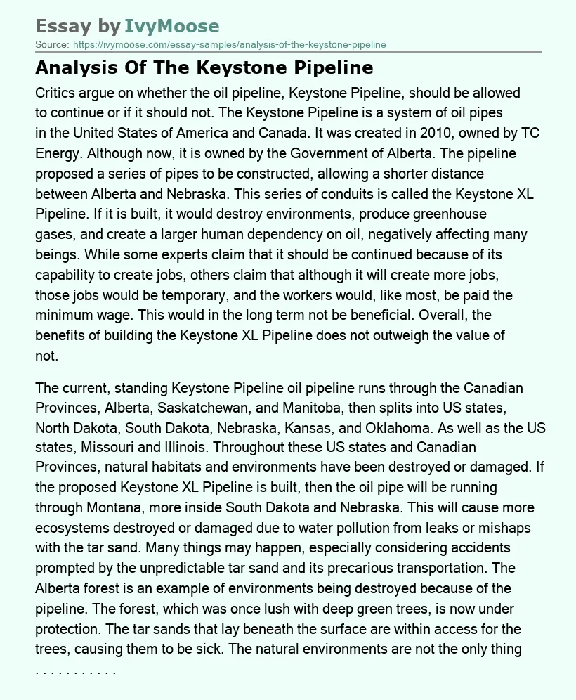 Analysis Of The Keystone Pipeline