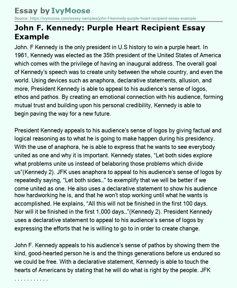 John F. Kennedy: Purple Heart Recipient Essay Example