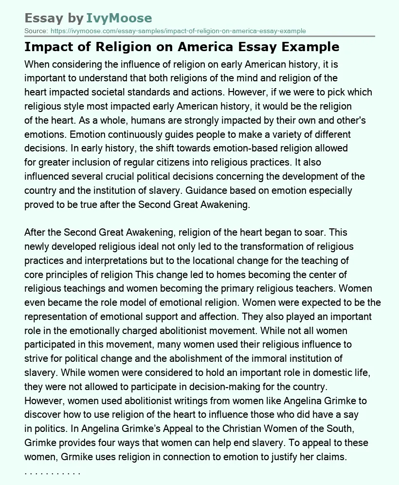 Impact of Religion on America Essay Example