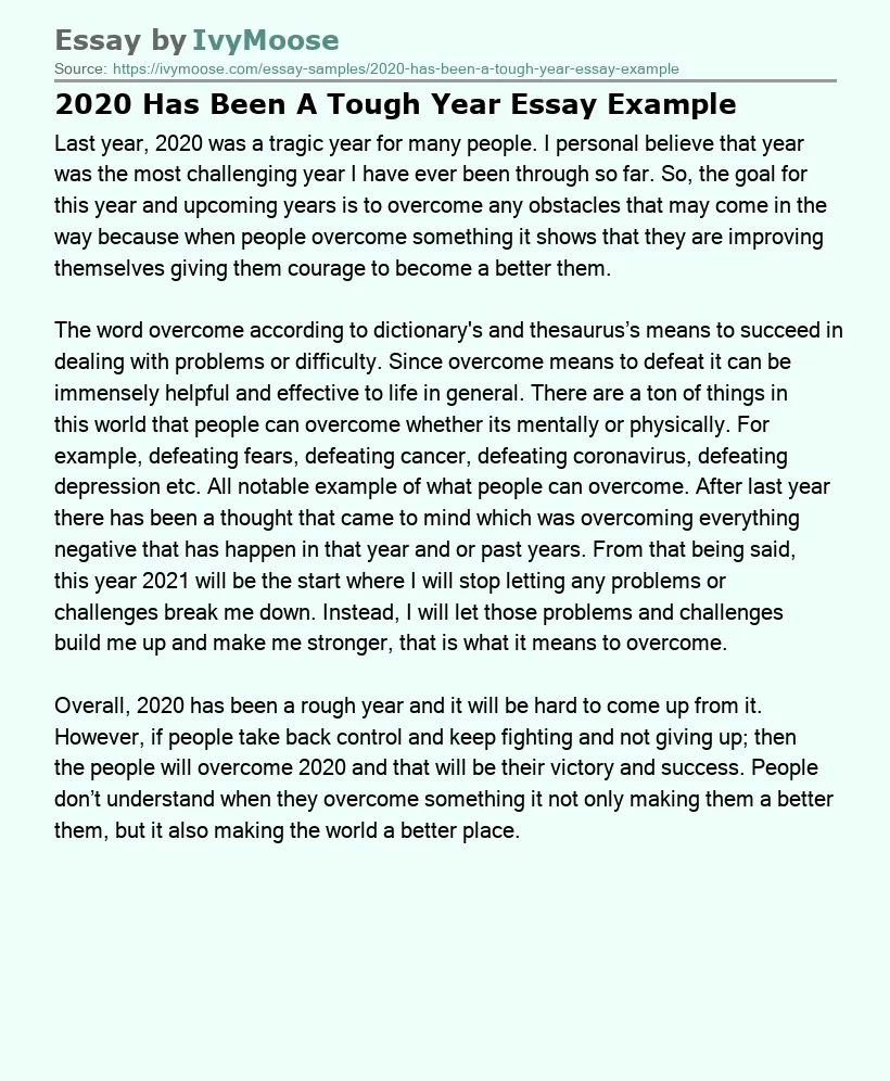2020 Has Been A Tough Year Essay Example