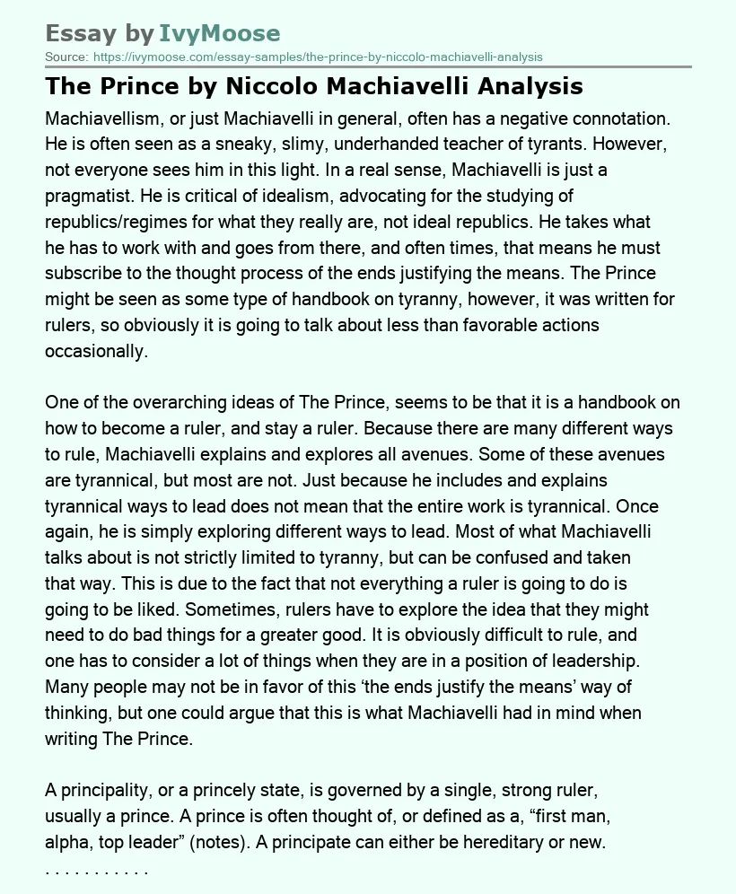 The Prince by Niccolo Machiavelli Analysis