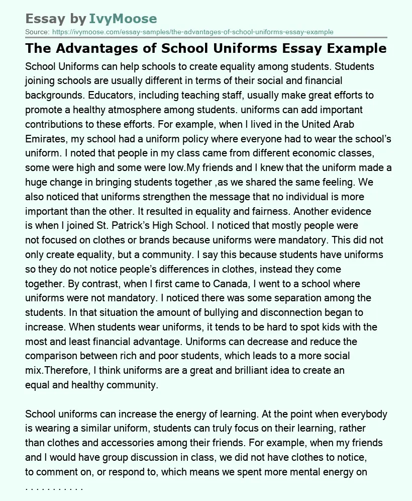 The Advantages of School Uniforms Essay Example
