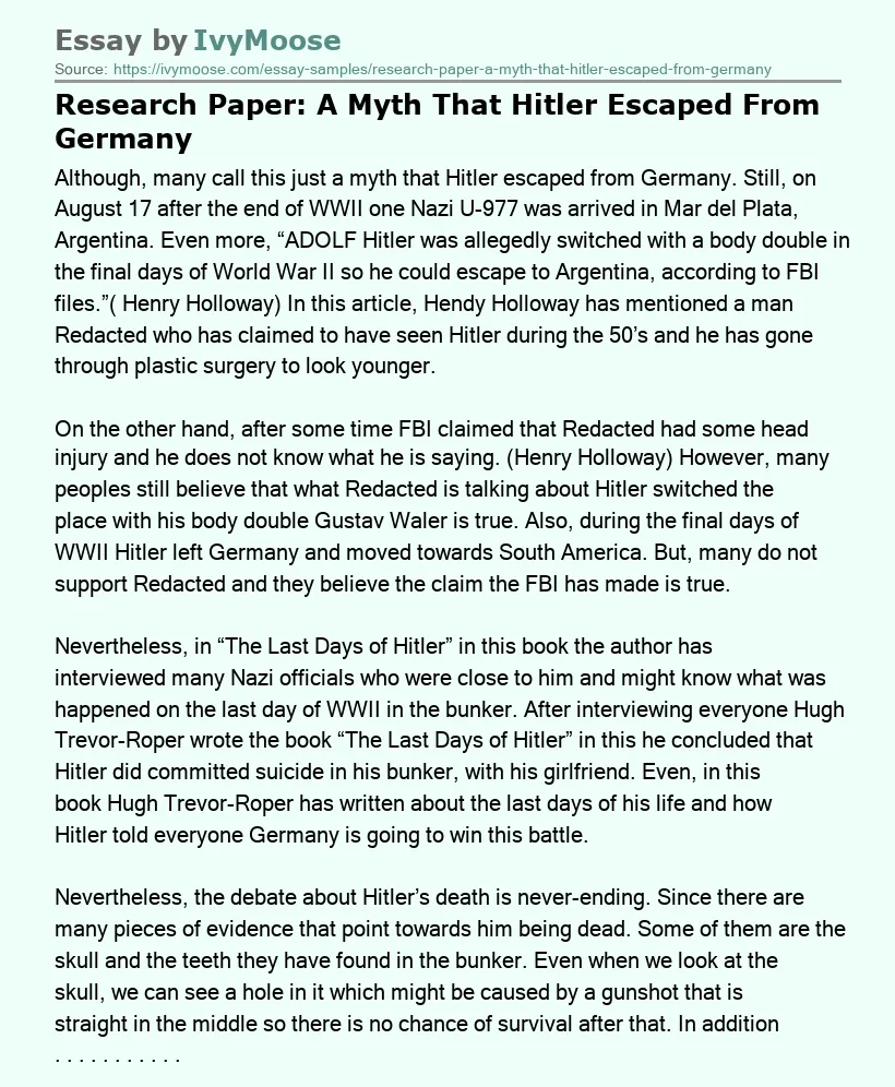 Research Paper: A Myth That Hitler Escaped From Germany