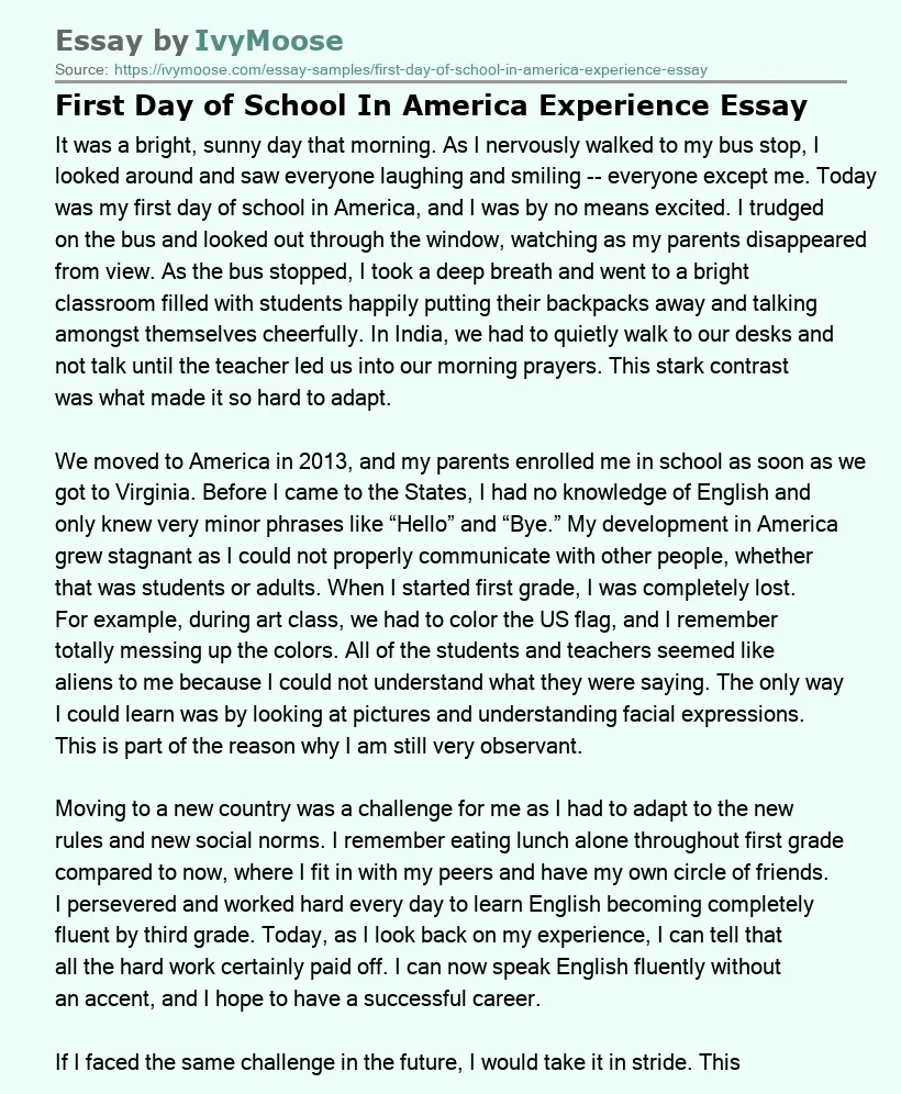 First Day of School In America Experience Essay